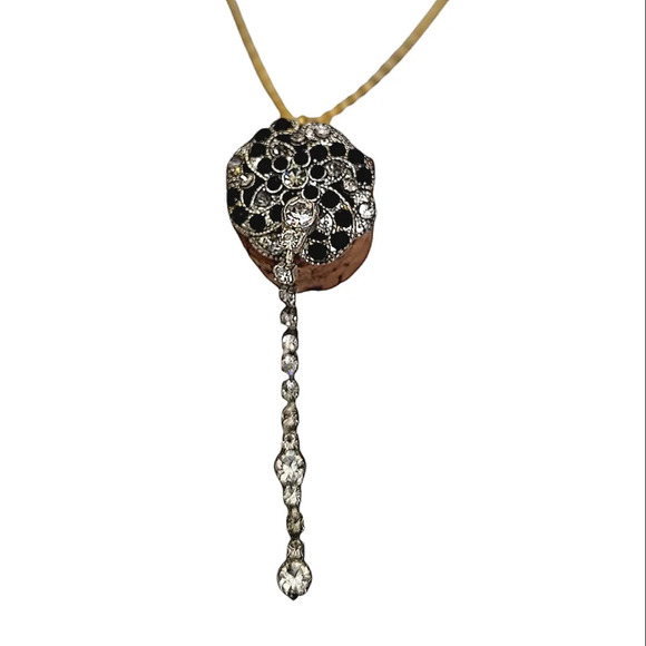 14K Plated Black Clear Crystal Flower Cork Rhinestone Drop Stone Cable Necklace - Picture 1 of 3